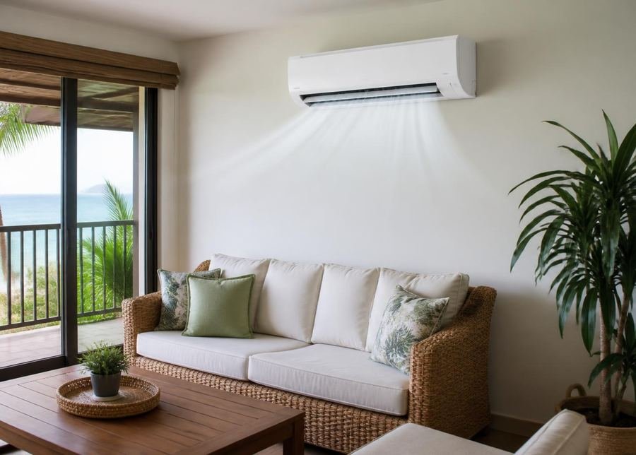 Split AC unit cooling a Hawaii living room